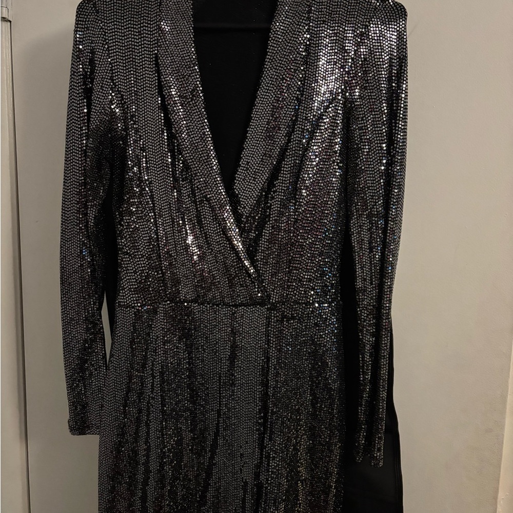 Silver Sequin Long Sleeve Dress